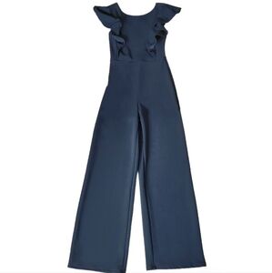 black wide leg jumpsuit w ruffle detail